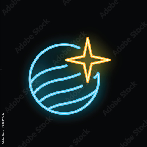 Bright neon sign showing a blue planet with a yellow star shining above it