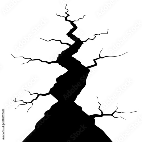 A black crack silhouette on a white background, symbolizing damage or a rupture. The crack has an erratic and intricate pattern