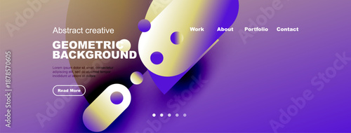 Abstract website template features vibrant geometric shapes, purple gradients, text elements, navigation menu. Modern design for digital projects.