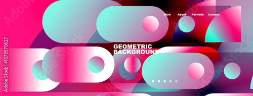 Vibrant abstract design features overlapping circles, squares, pinks, blues. Text includes work, about, portfolio, contact. Modern geometric background.