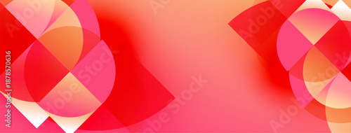 Abstract design features overlapping circles, vibrant reds, pinks. Gradient background creates dynamic visual effect. Modern, clean aesthetic.