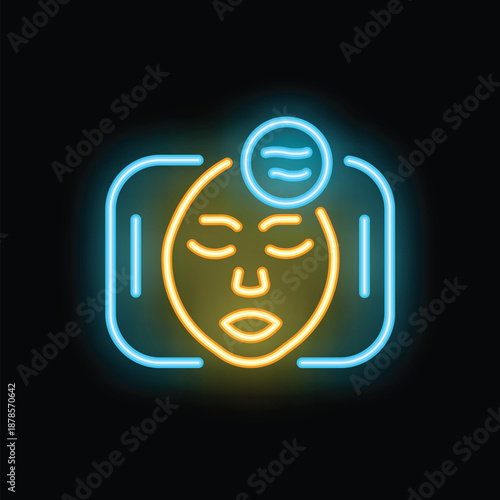 Neon icon of face recognition system scanning face of a woman for identity verification