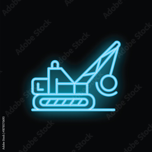 Glowing blue neon icon of a demolition crane working at night on a construction site