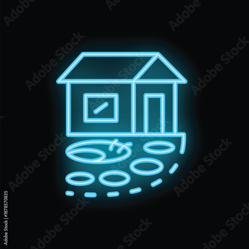 Glowing blue neon icon illustrating the concept of a house built on an unstable foundation with cracks spreading outward