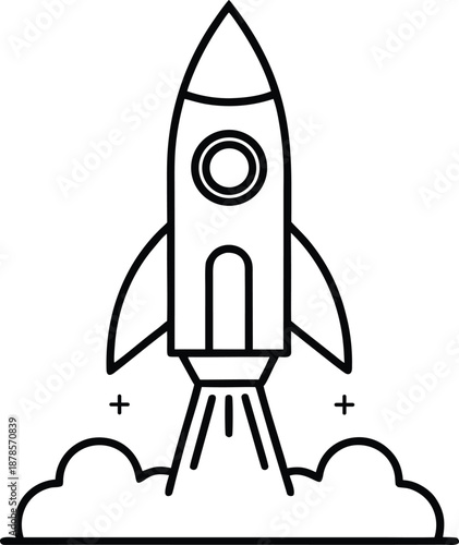 Rocket launch, spaceship taking off into sky with clouds and smoke, space travel and exploration concept, vector line art illustration