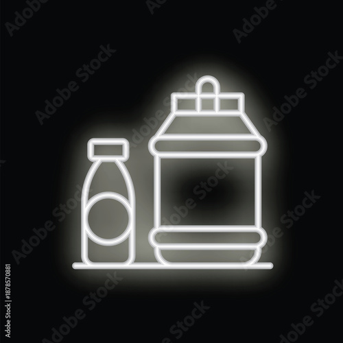 Neon sign of a supplement container and bottle glowing white against a black background