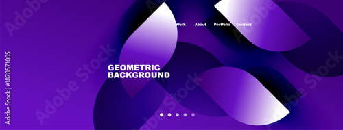 Abstract purple design features flowing shapes, text elements, navigation menu. Modern aesthetic, vibrant colors, geometric patterns present.