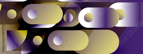 Abstract geometric shapes overlap, creating vibrant purple, gold gradients. Composition feels modern, dynamic, visually interesting.