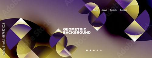 Dynamic geometric background features vibrant purple, yellow hues. Navigation includes work, about, portfolio, contact options. Modern design.