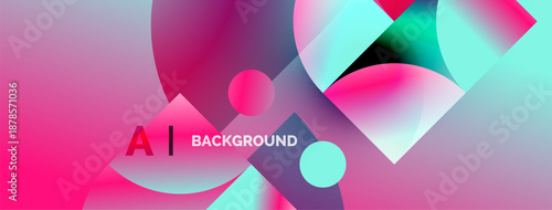 Abstract vibrant design. Overlapping circles, squares create dynamic composition. Pink, teal, purple hues dominate visual space. Text reads AI BACKGROUND.