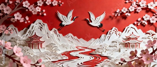A vibrant red paper-cut art scene featuring white cranes in flight traditional pagodas and cherry blossoms surrounding a winding river against a backdrop of snow-capped mountains.