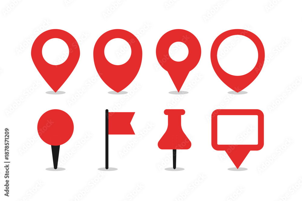 Fototapeta premium Collection of red map pin icons and location markers on a white background