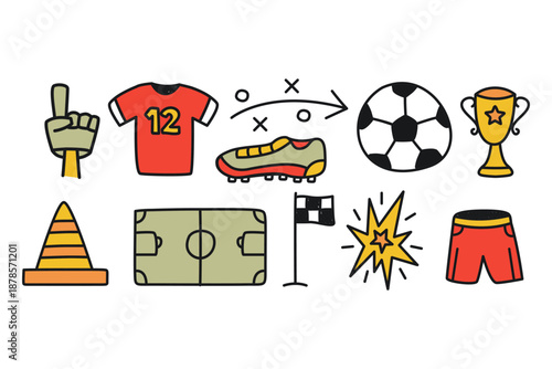 Collection of hand-drawn soccer elements including a ball, trophy, jersey, and field