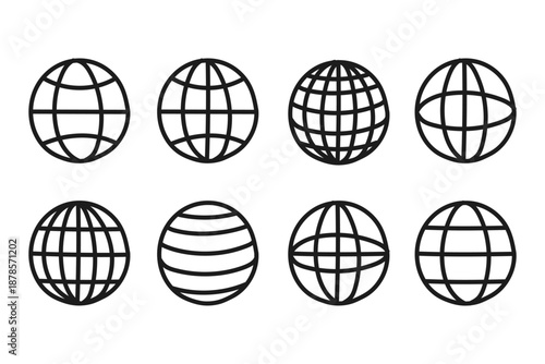 Collection of eight different globe icons representing global connection and communication