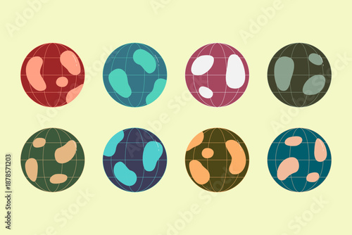 Collection of eight stylized planets with abstract landmasses in various color palettes