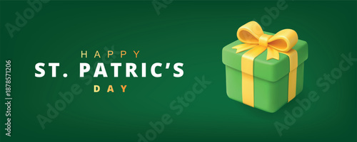 St. Patricks Day banner with green gift box on festive dark green background