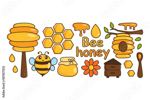 Cute cartoon bee and honey elements collection with hive and honeycomb