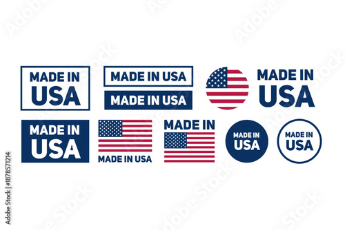 Collection of Made in USA labels and emblems featuring American flag elements