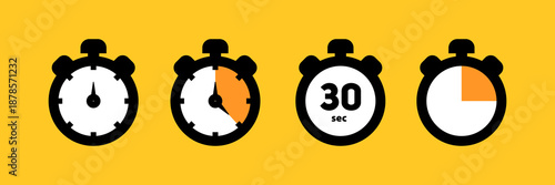 Collection of four stopwatch icons showing different time intervals on a yellow background