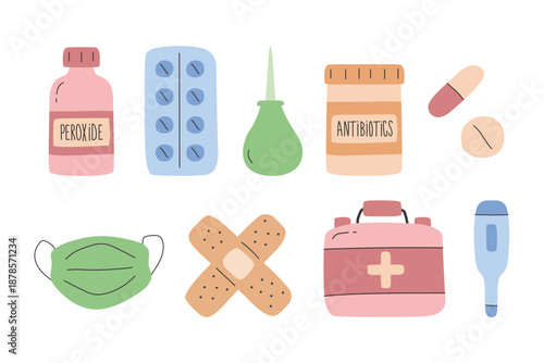 Collection of medical supplies and first aid items in a simple flat illustration style