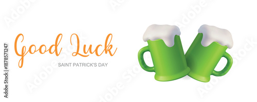 Good Luck banner with two green beer mugs for Saint Patricks Day