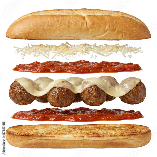 Deconstructed Meatball Sub Sandwich Ingredient Layers Isolated on White