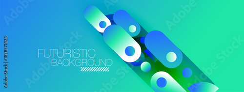 Abstract geometric shapes overlap turquoise background. Modern design features gradients, lines, text reading futuristic background.