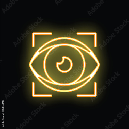 Glowing neon icon of eye scanning system is shining on black brick wall