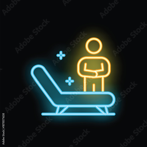 Neon icon of a patient standing near a couch in a psychotherapist office, a great illustration for mental health