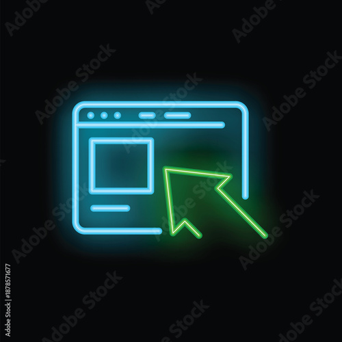 Glowing neon green cursor arrow is clicking on a glowing blue neon webpage window icon on a black background