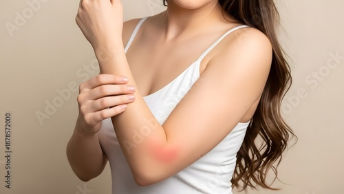 Close up of woman touching her elbow, indicating pain or discomfort, with a red inflamed spot on her arm against a plain light background