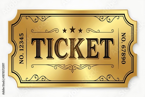 One single gold ticket movie or concert isolated transparent background photo PNG file. Golden Ticket. Elegant Admit Pass with Stars
