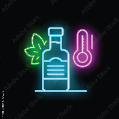 Glowing neon icon representing a bottle with a leaf and a thermometer, perfect for topics related to beverage temperature, storage conditions, or natural ingredients