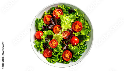 Fresh salad in a white bowl, featuring lettuce and halved cherry tomatoes