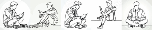 line art of a man sitting on the floor with a phone