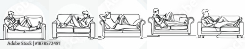 line art of a man relaxing on a sofa with a gadget