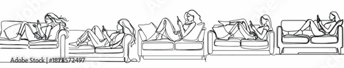line art of a woman relaxing on a sofa with a gadget