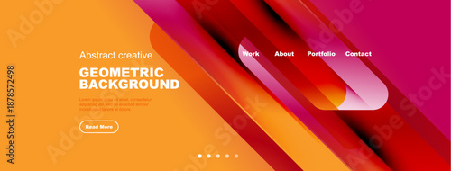 Modern website header design. Vibrant orange, pink gradients dominate. Text elements present, navigation visible. Clean, geometric aesthetic.
