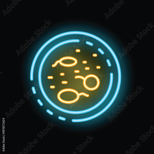 Glowing neon icon representing the fertilization process, with spermatozoons moving around a human egg cell