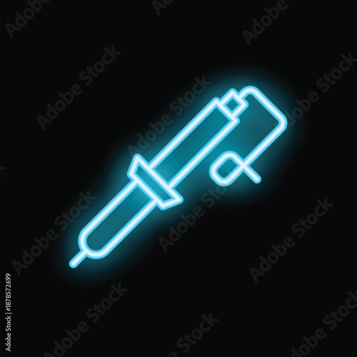 Blue neon soldering iron icon glowing in the dark, a bright illustration for repair shops and hardware stores