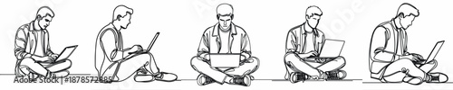 line art of a man sitting on the floor with a laptop