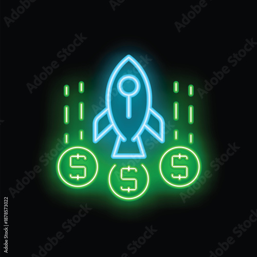 Neon style illustration of a rocket ship launching over dollar coins symbolizing venture capital investment