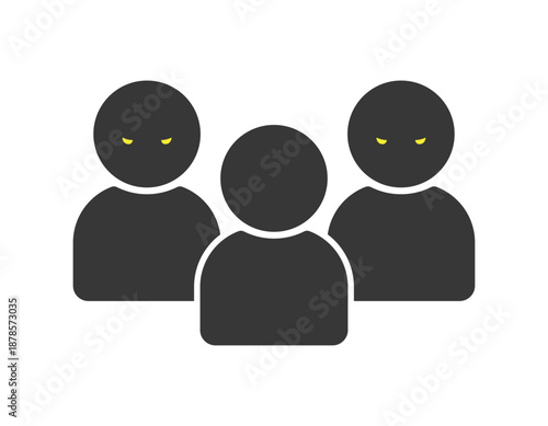 怖い顔の人物が背後で睨む3人組のアイコン - ひとりの被害者と二人の加害者や犯人のイメージのイラスト