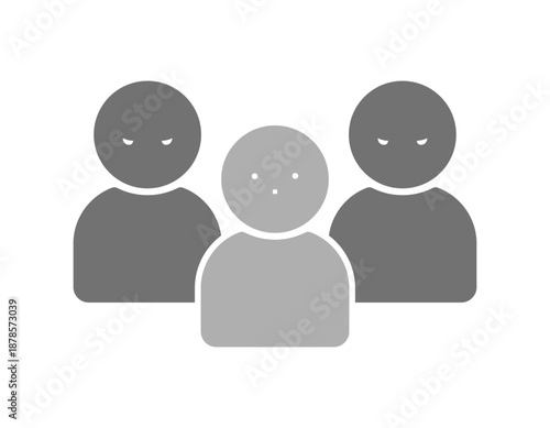 怖い顔の人物が背後で睨む3人組のアイコン - ひとりの被害者と二人の加害者や犯人のイメージのイラスト