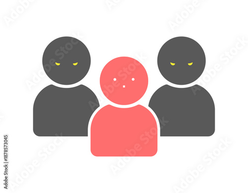 怖い顔の人物が背後で睨む3人組のアイコン - ひとりの被害者と二人の加害者や犯人のイメージのイラスト