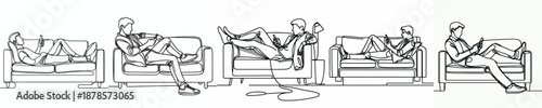 line art of a man relaxing on a sofa with a gadget