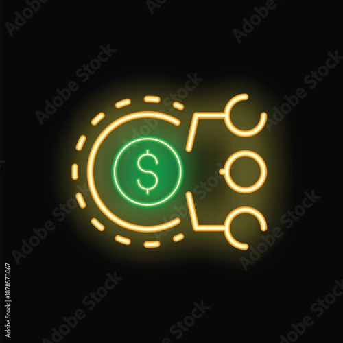 Neon sign representing digital currency exchange process illuminated on dark background