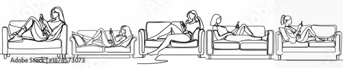 line art of a woman relaxing on a sofa with a gadget