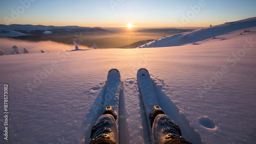 Skier's point of view looking at a winter mountain sunrise. Backcountry skiing adventure in fresh powder snow