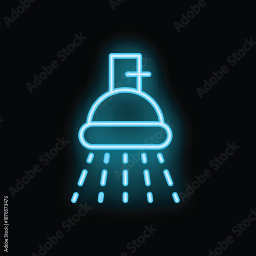 Blue neon shower head glowing on dark background is a simple vector illustration